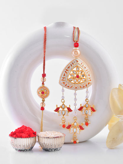 Ivory and Red Dangler Bhaiya Bhabhi Rakhi Set with Mini Ghunghroos