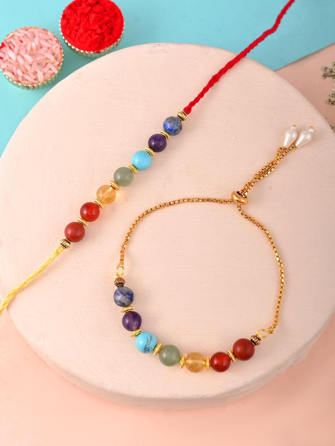 Handcrafted Ethnik 7 Chakra Stone Bhaiya Bhabhi Rakhi Gift Set