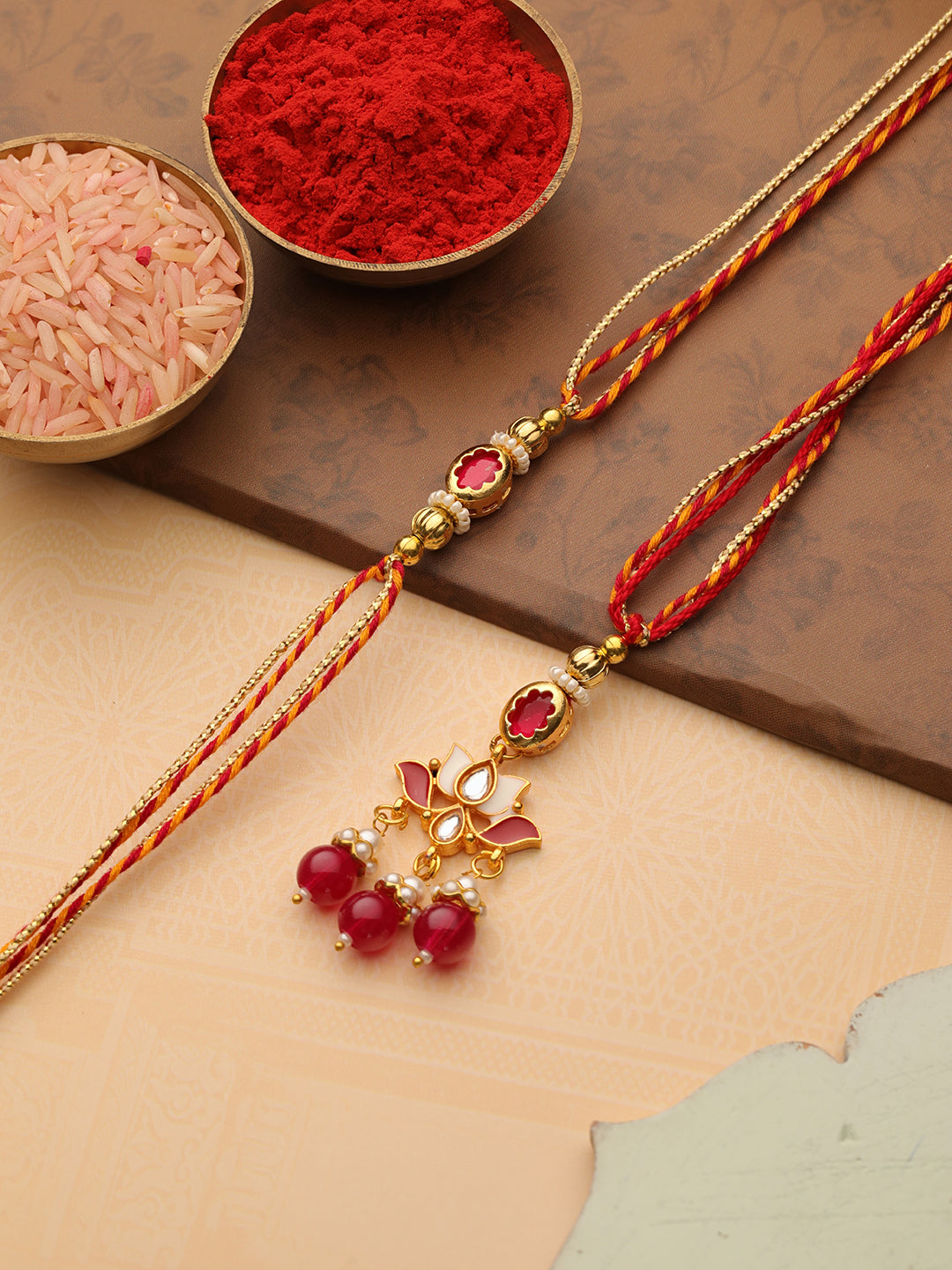 Red Pearl Floral Couple Bhaiya Bhabhi Rakhi