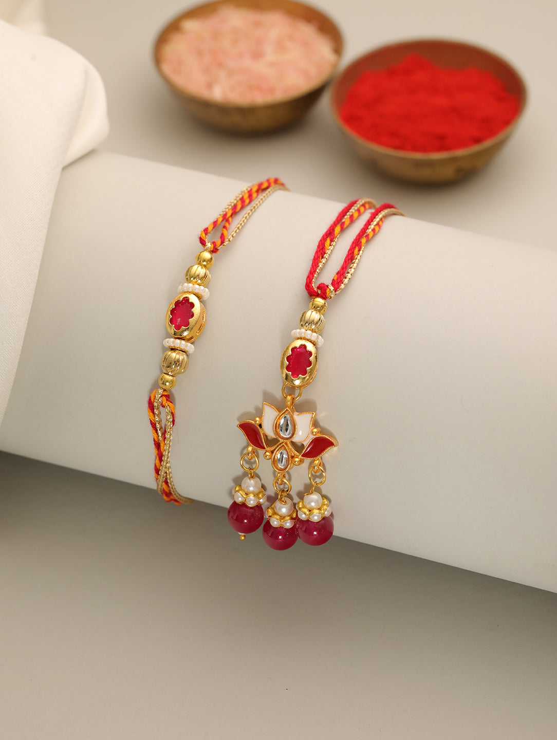 Red Pearl Floral Couple Bhaiya Bhabhi Rakhi