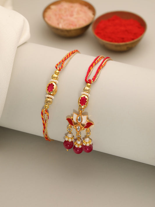 Red Pearl Floral Couple Bhaiya Bhabhi Rakhi