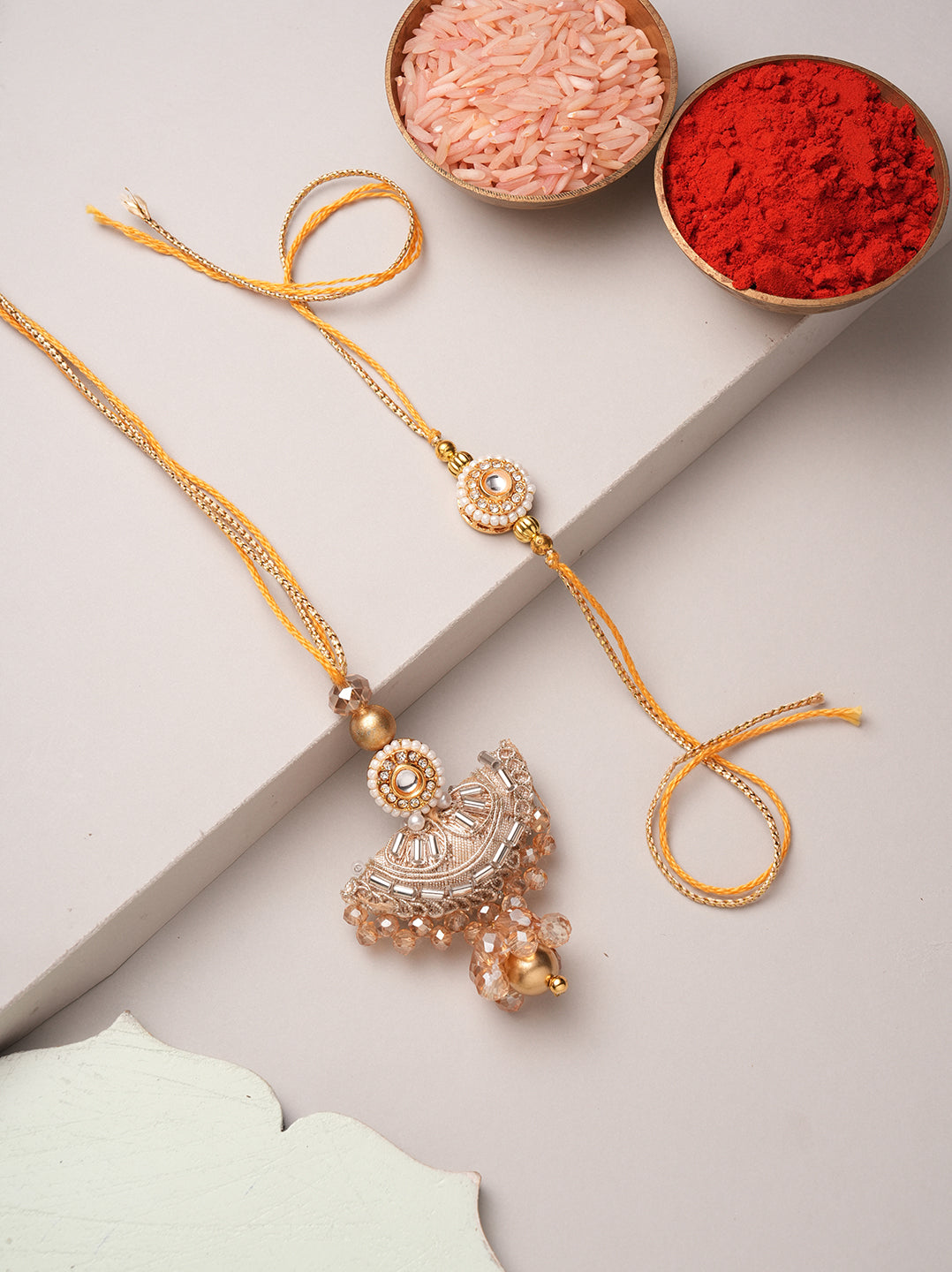 Golden Pearl Floral Couple Bhaiya Bhabhi Rakhi