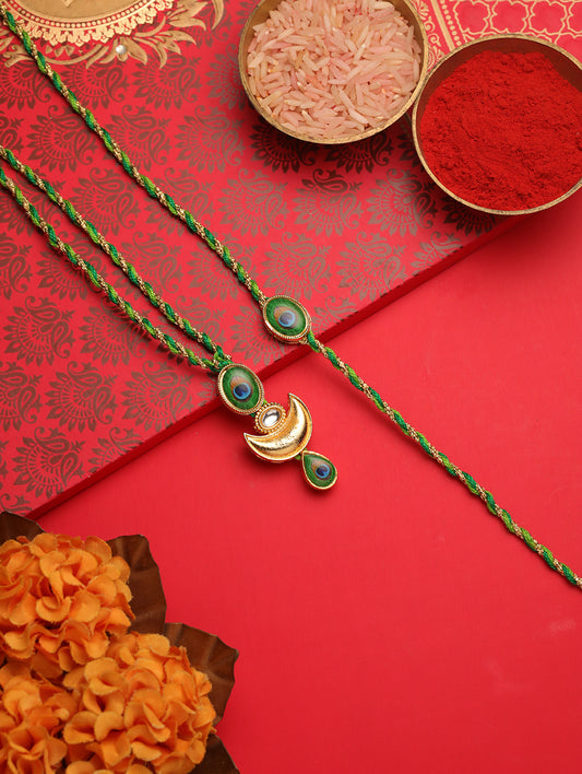 Green Stone Peacock Couple Bhaiya Bhabhi Rakhi
