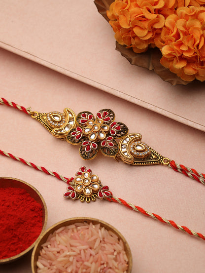 Red Pearl Floral Couple Bhaiya Bhabhi Rakhi