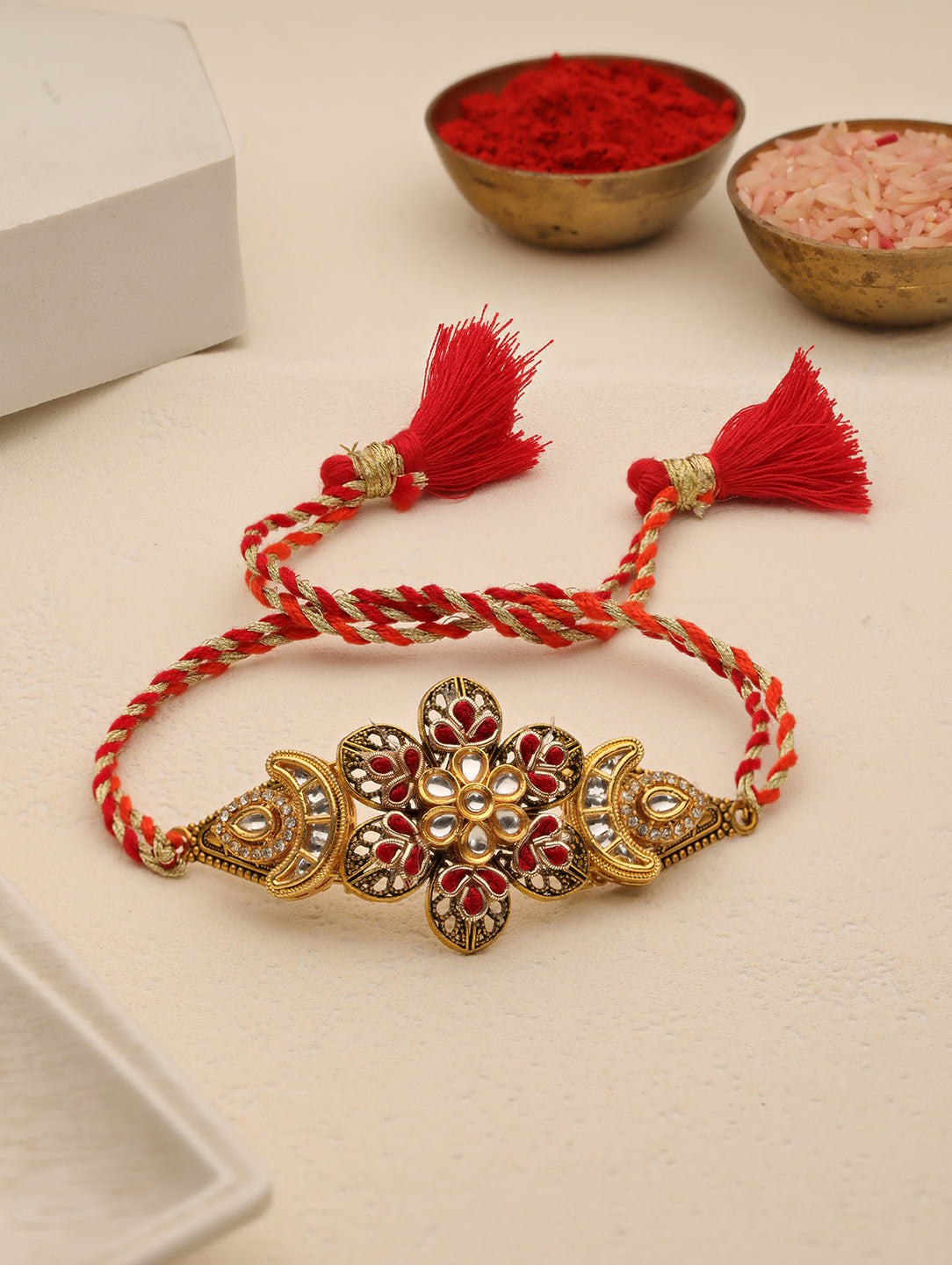 Red Pearl Floral Couple Bhaiya Bhabhi Rakhi