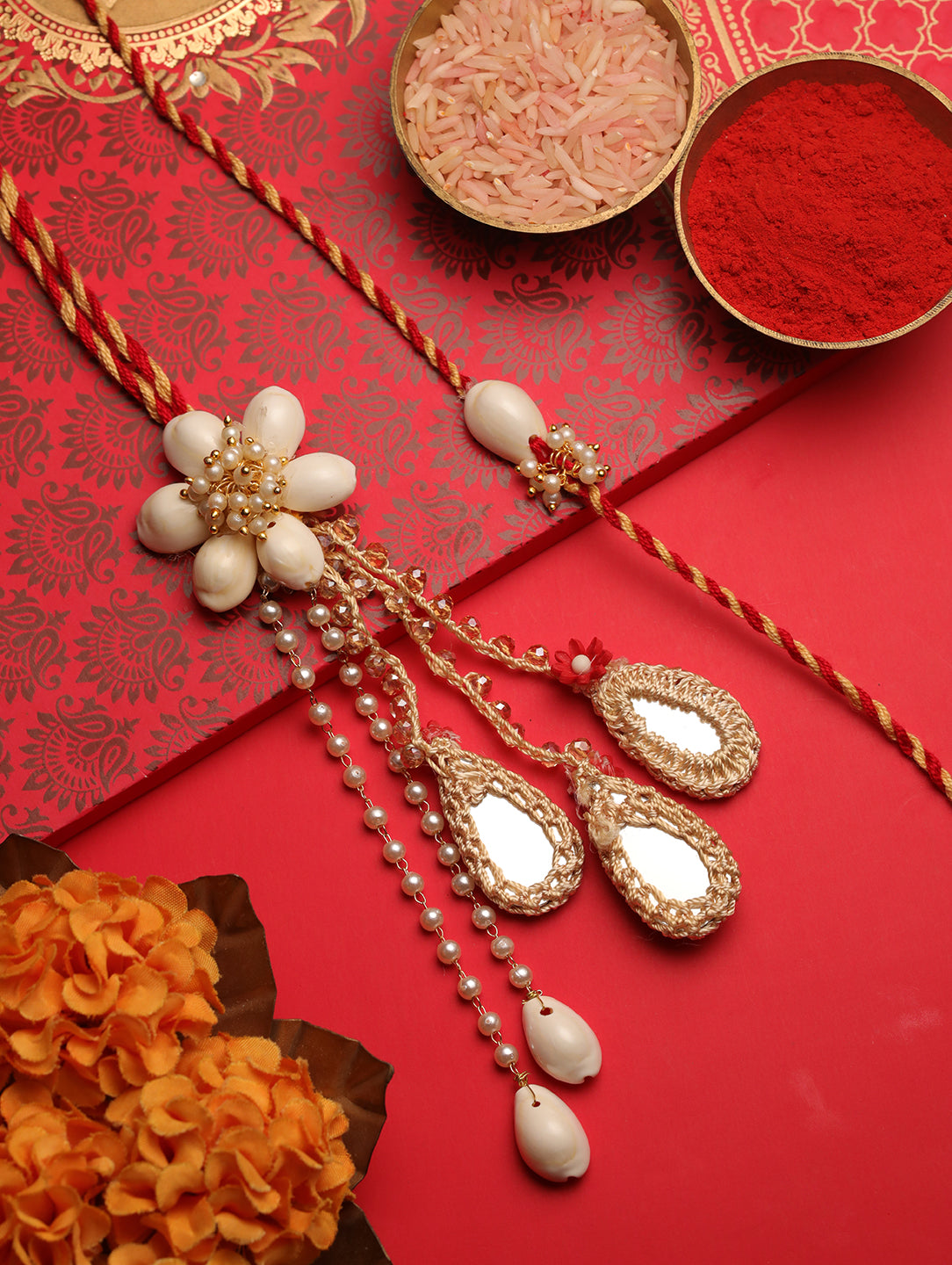 Red Pearl Floral Couple Bhaiya Bhabhi Rakhi