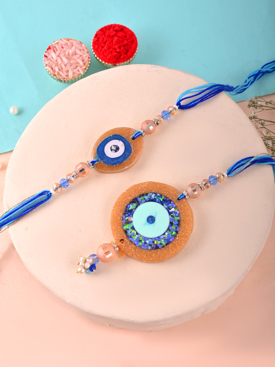 Golden Glitter Resin Evil Eye Bhaiya Bhabhi Rakhi Set