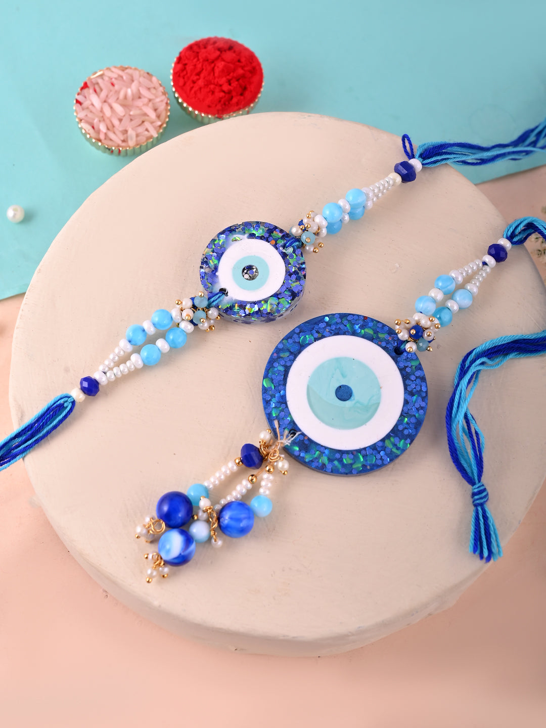 Blue Evil Eye Resin Bhaiya Bhabhi Rakhi Set with Pearl Beads With Box