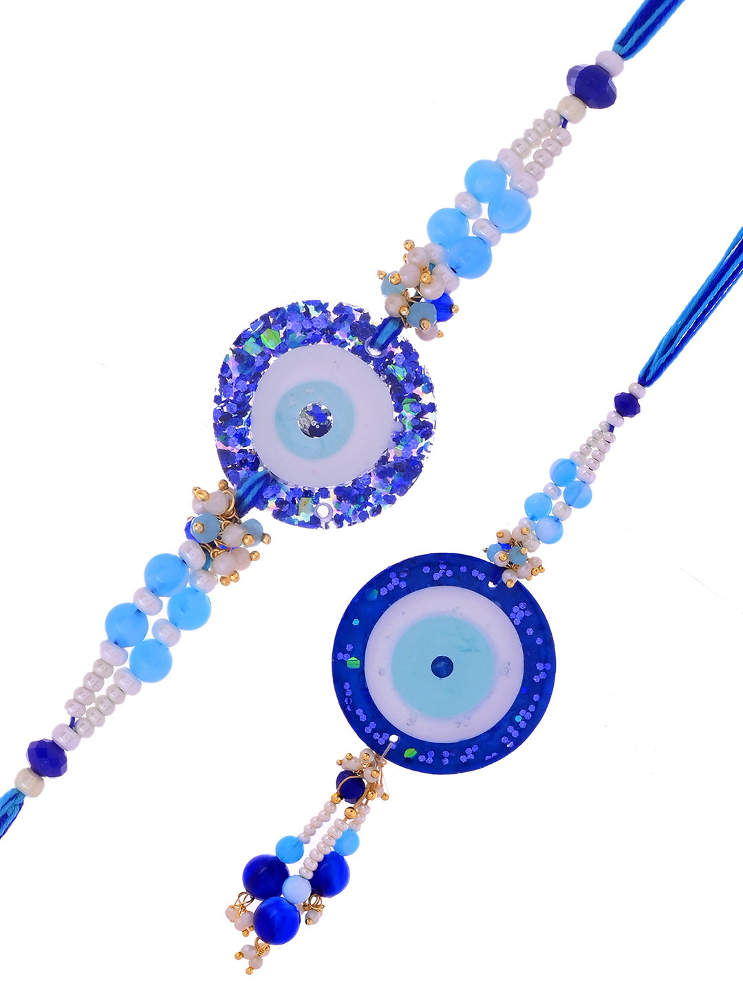 Blue Evil Eye Resin Bhaiya Bhabhi Rakhi Set with Pearl Beads