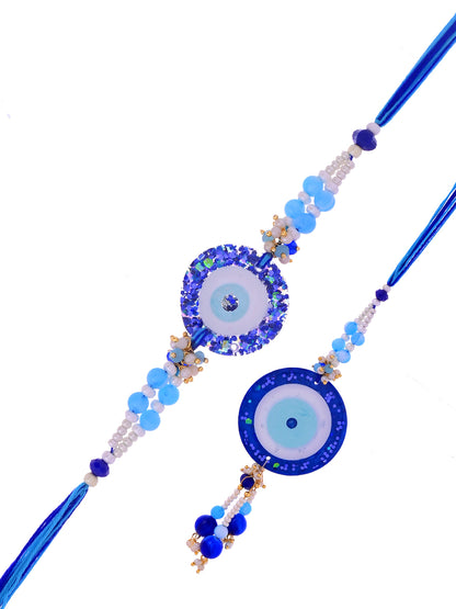 Blue Evil Eye Resin Bhaiya Bhabhi Rakhi Set with Pearl Beads With Box