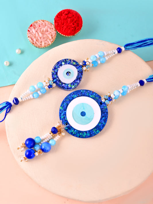 Blue Evil Eye Resin Bhaiya Bhabhi Rakhi Set with Pearl Beads