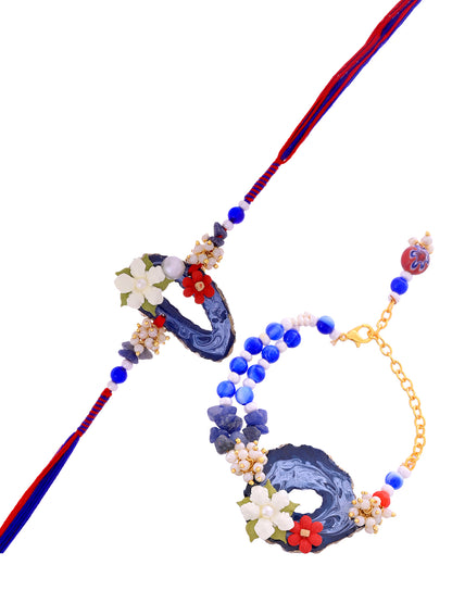 Handcrafted Floral Resin Rakhi Set with Navy-Blue Agate Finish With Box