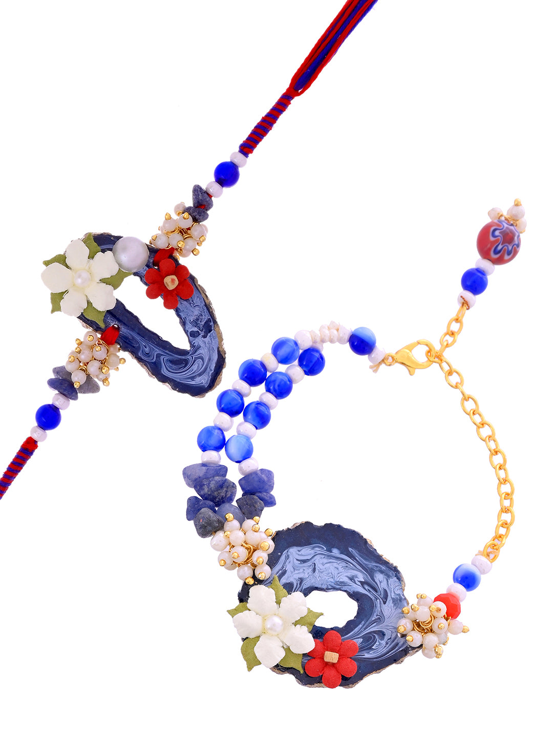 Handcrafted Floral Resin Rakhi Set with Navy-Blue Agate Finish With Box