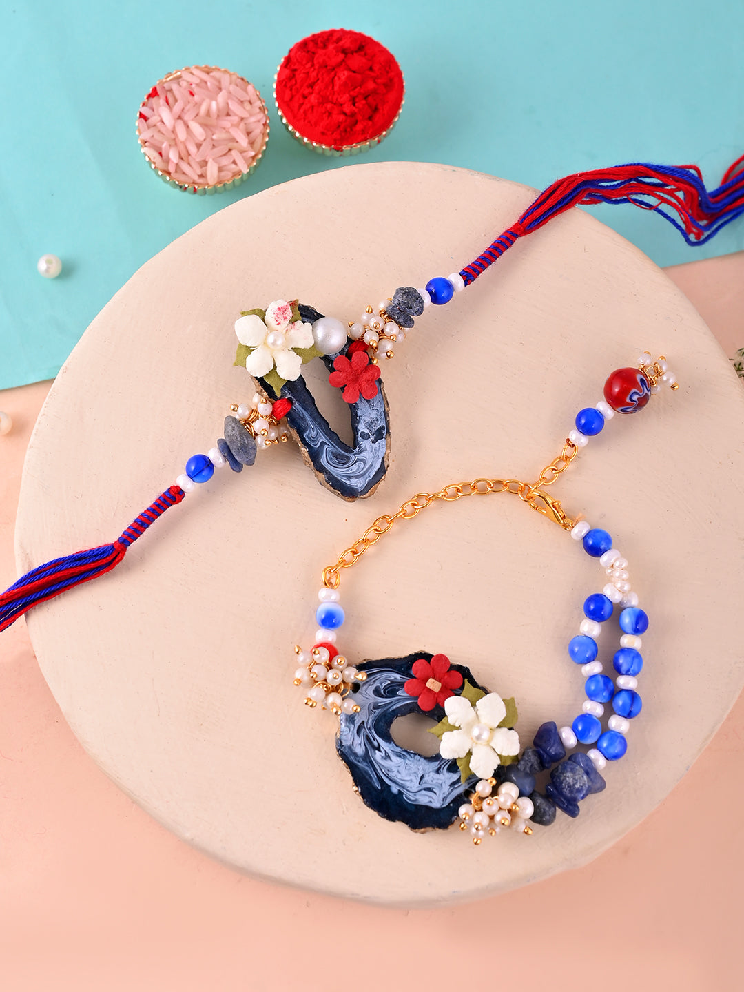 Handcrafted Floral Resin Rakhi Set with Navy-Blue Agate Finish With Box