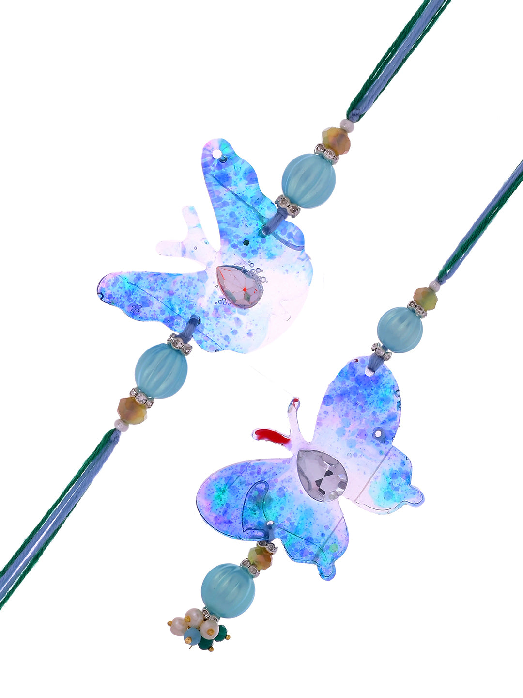 Glitter Resin Butterfly Rakhi Pair with Pastel Beads