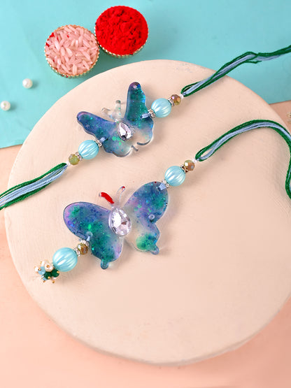 Glitter Resin Butterfly Rakhi Pair with Pastel Beads