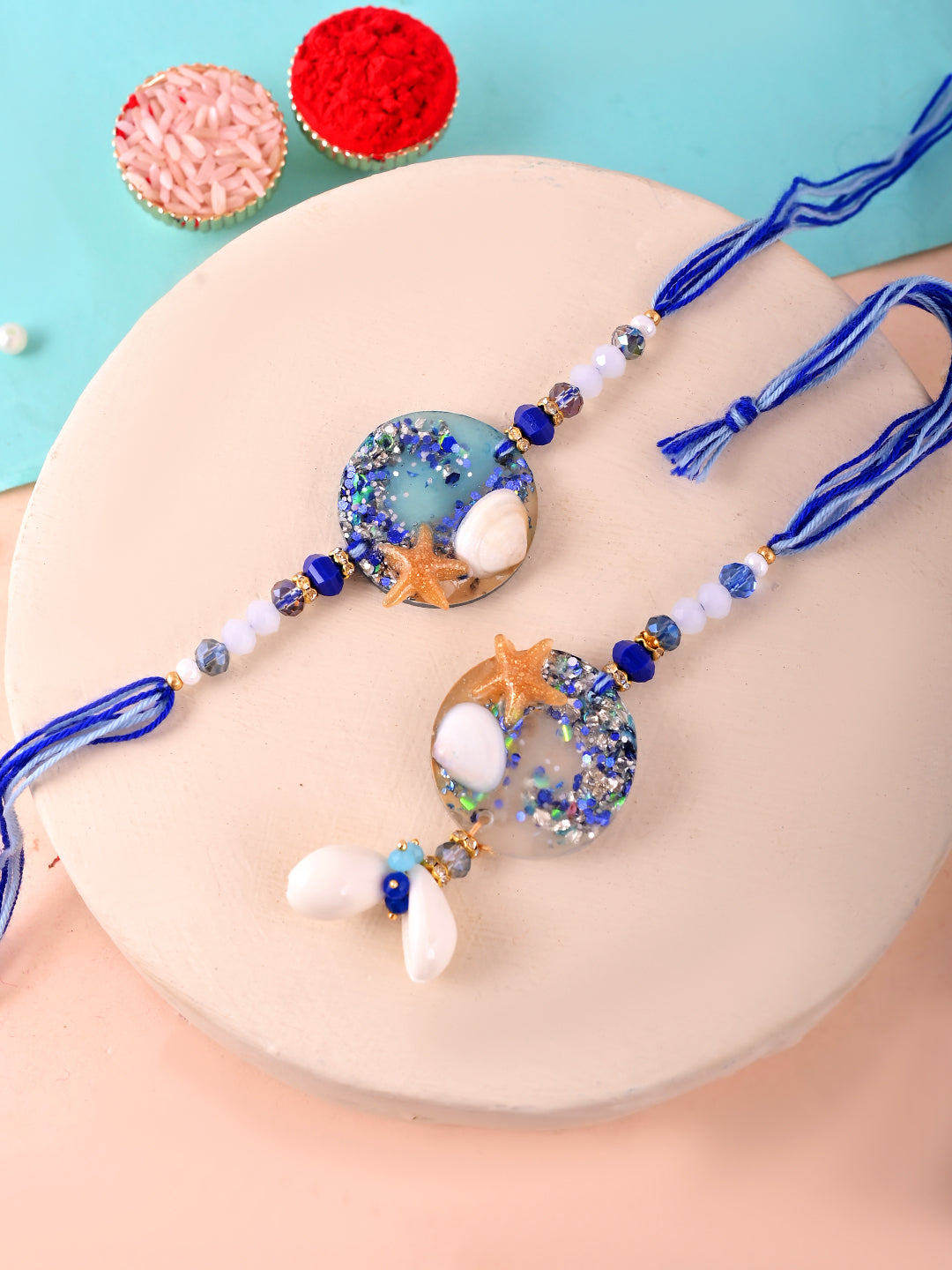 Handcrafted Ocean Theme Resin Rakhi Lumba Set with Shells & Starfish