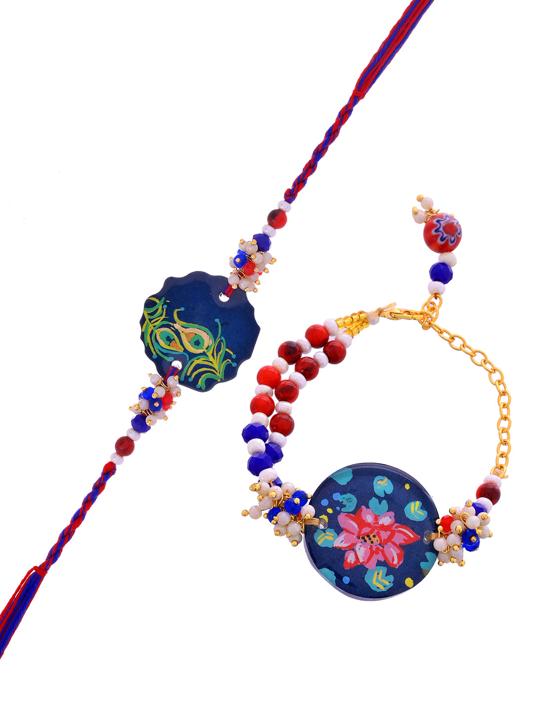Handpainted Ethnic Resin Bhaiya Bhabhi Rakhi with Lotus and Peacock Motifs