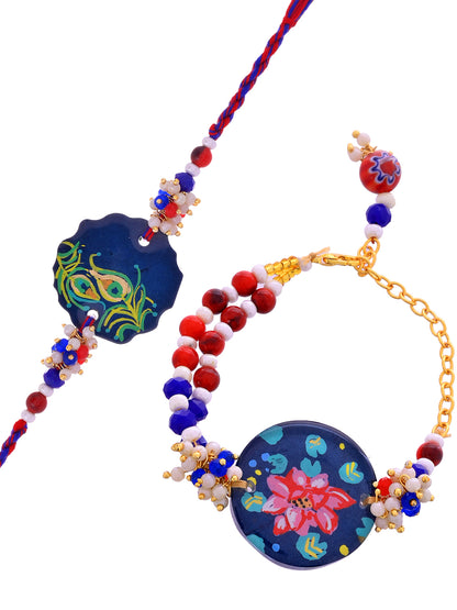 Handpainted Ethnic Resin Bhaiya Bhabhi Rakhi with Lotus and Peacock Motifs
