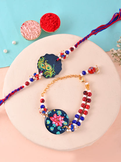 Handpainted Ethnic Resin Bhaiya Bhabhi Rakhi with Lotus and Peacock Motifs