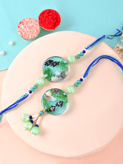 Scenic Nature-Inspired Resin Rakhi Set with Mint Green Beads