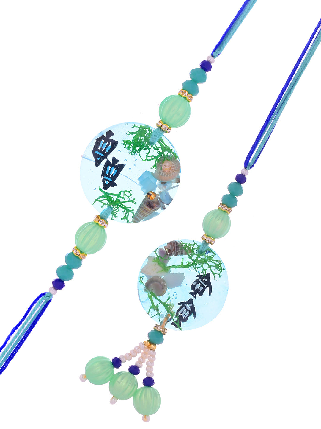 Scenic Nature-Inspired Resin Rakhi Set with Mint Green Beads