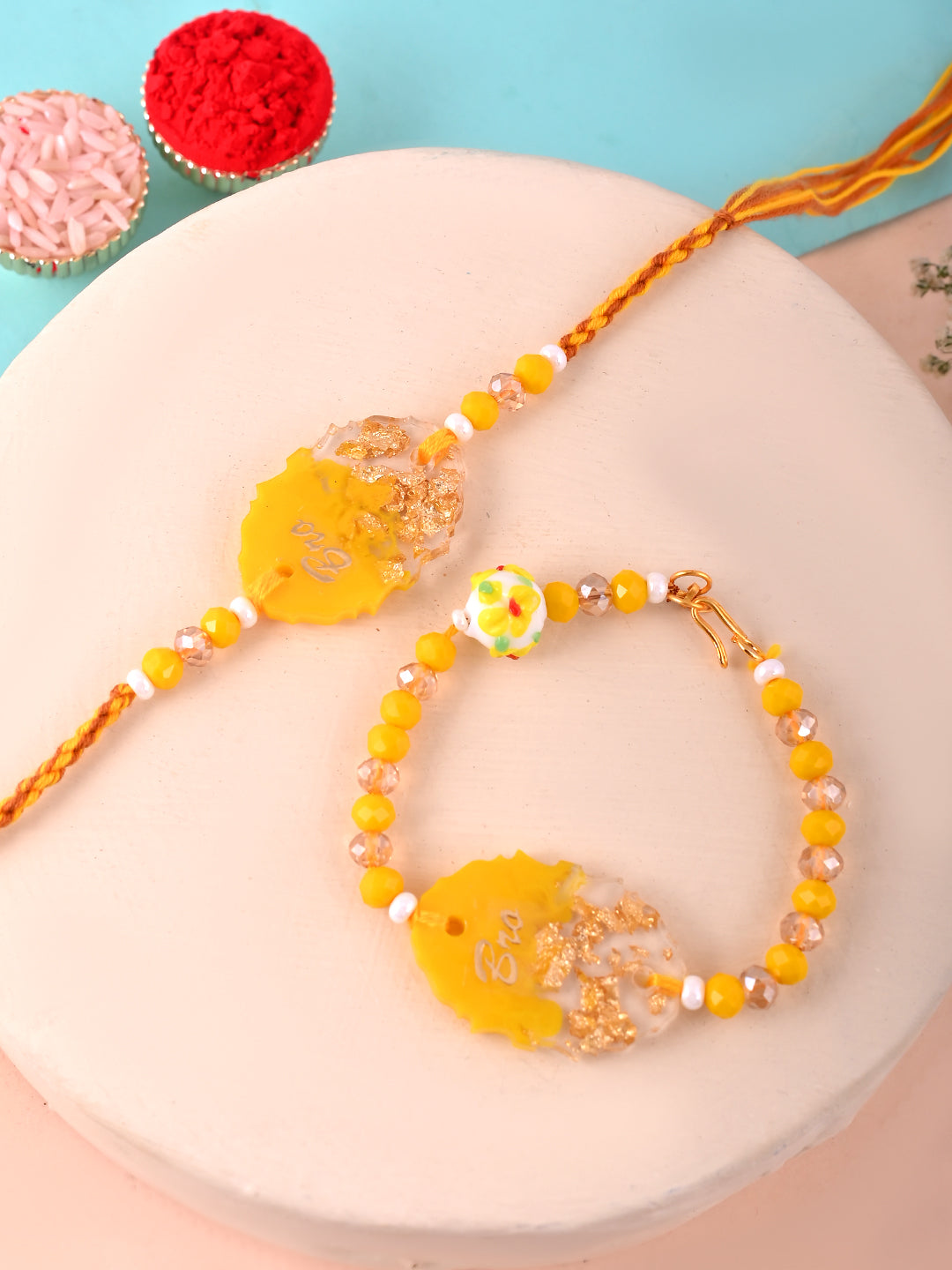 Personalized Yellow Gold Flake Resin Bhaiya Bhabhi Rakhi With Box