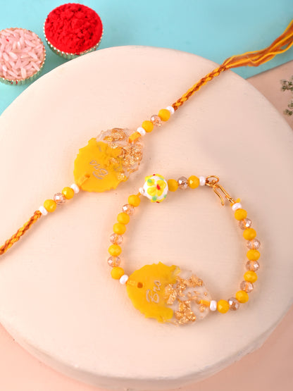 Personalized Yellow Gold Flake Resin Bhaiya Bhabhi Rakhi With Box