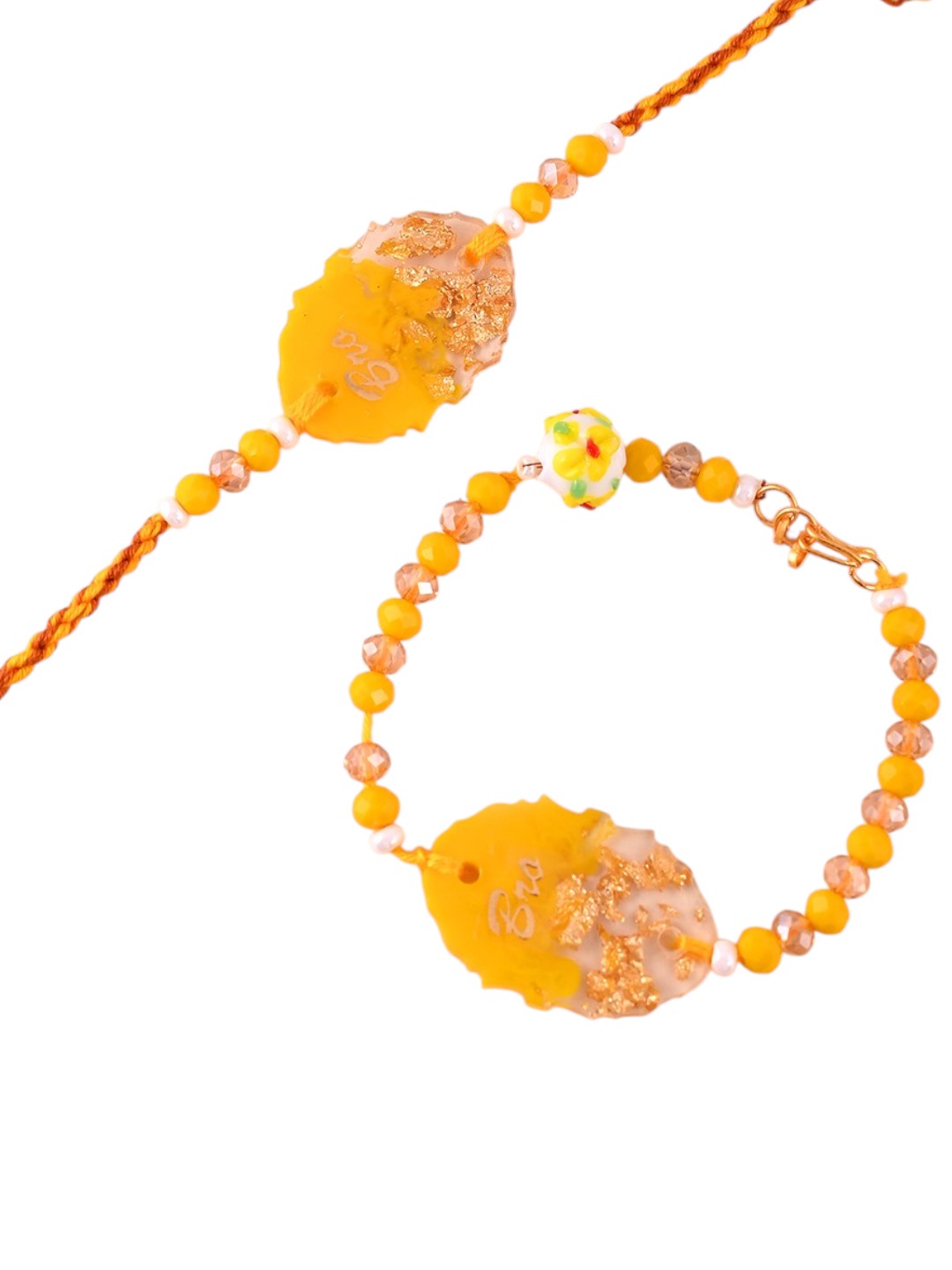 Personalized Yellow Gold Flake Resin Bhaiya Bhabhi Rakhi