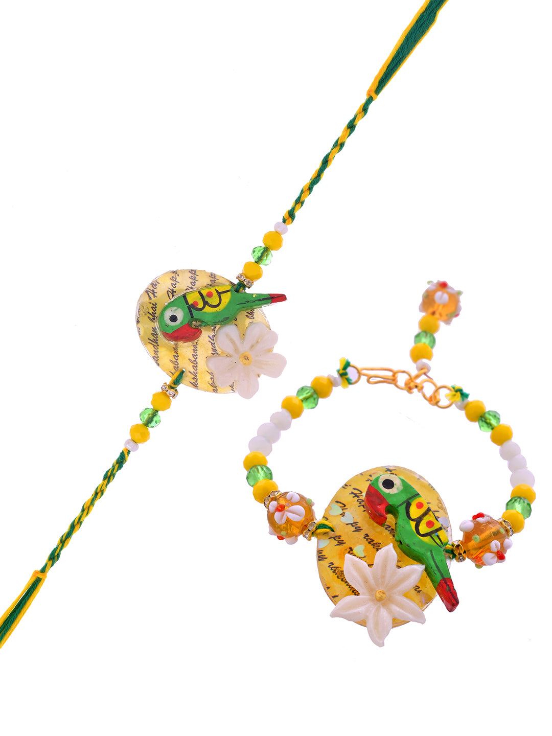 Handcrafted Parrot and Floral Resin Rakhi Set in Yellow Green Tones