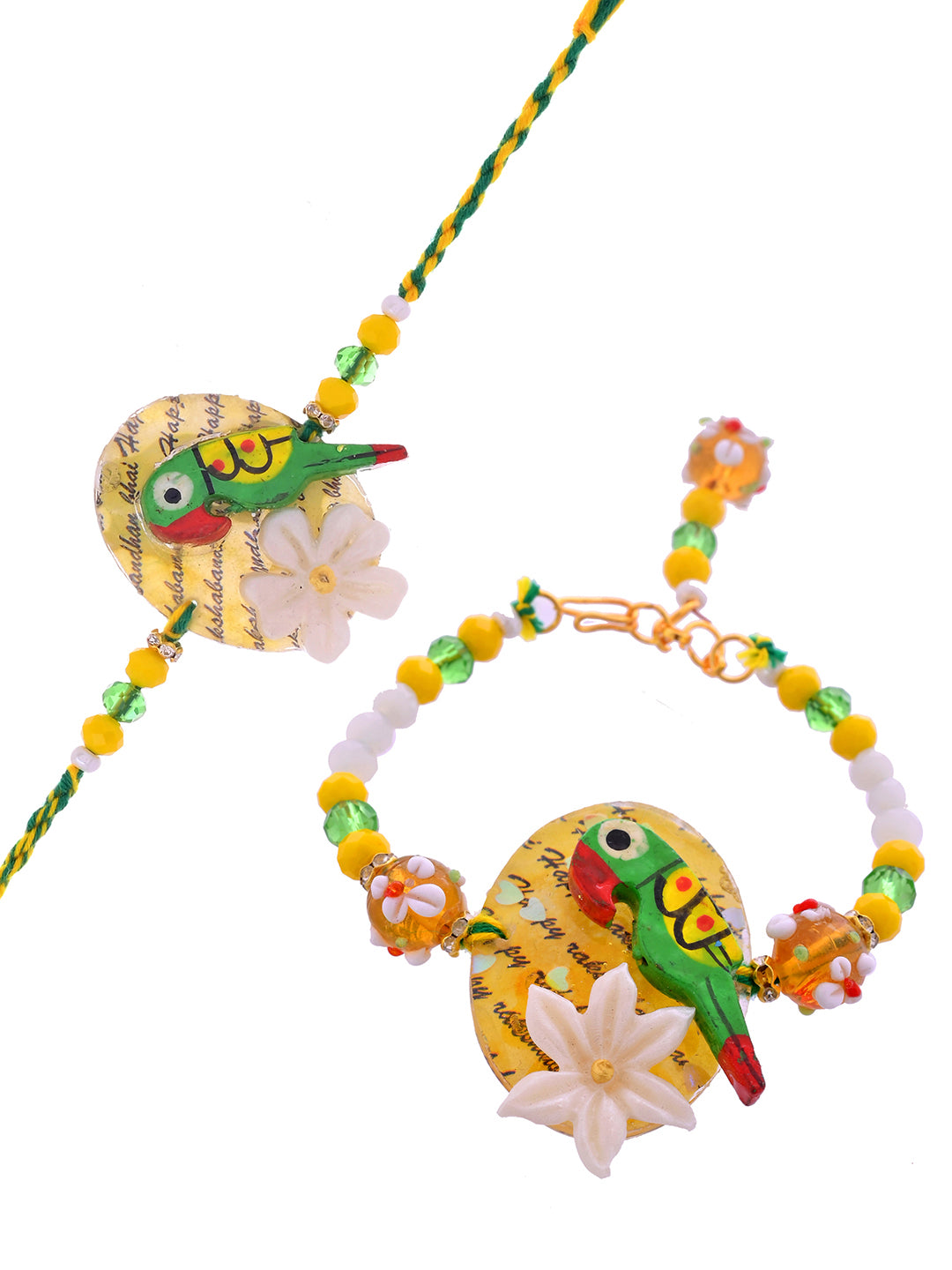 Handcrafted Parrot and Floral Resin Rakhi Set in Yellow Green Tones