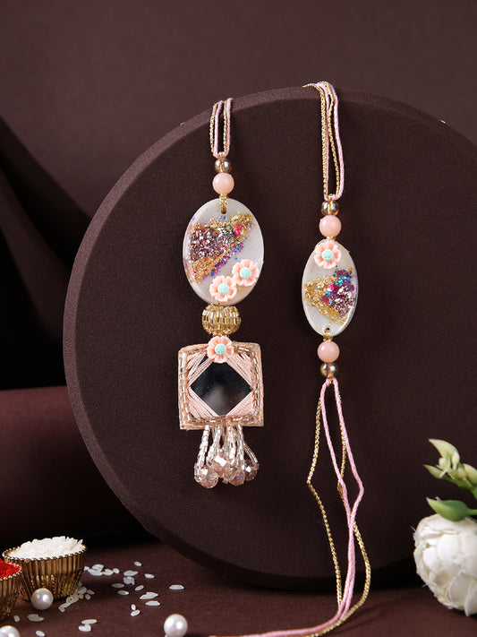 Multicolor Resin Work Peach & Gold Thread Bhaiya Bhabhi Rakhi