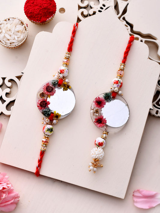 Multicolor Floral Work with Mirror Resin work Bhaiya Bhabhi Rakhi