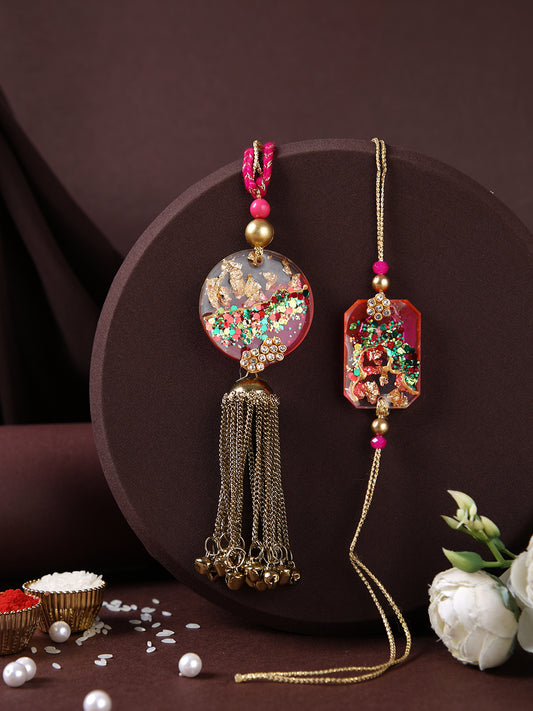 Multicolor Resin Work Pink & Gold Thread Bhaiya Bhabhi Rakhi