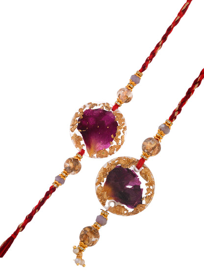 Rose Petals Covered with Gold Resin work Bhaiya Bhabhi Rakhi