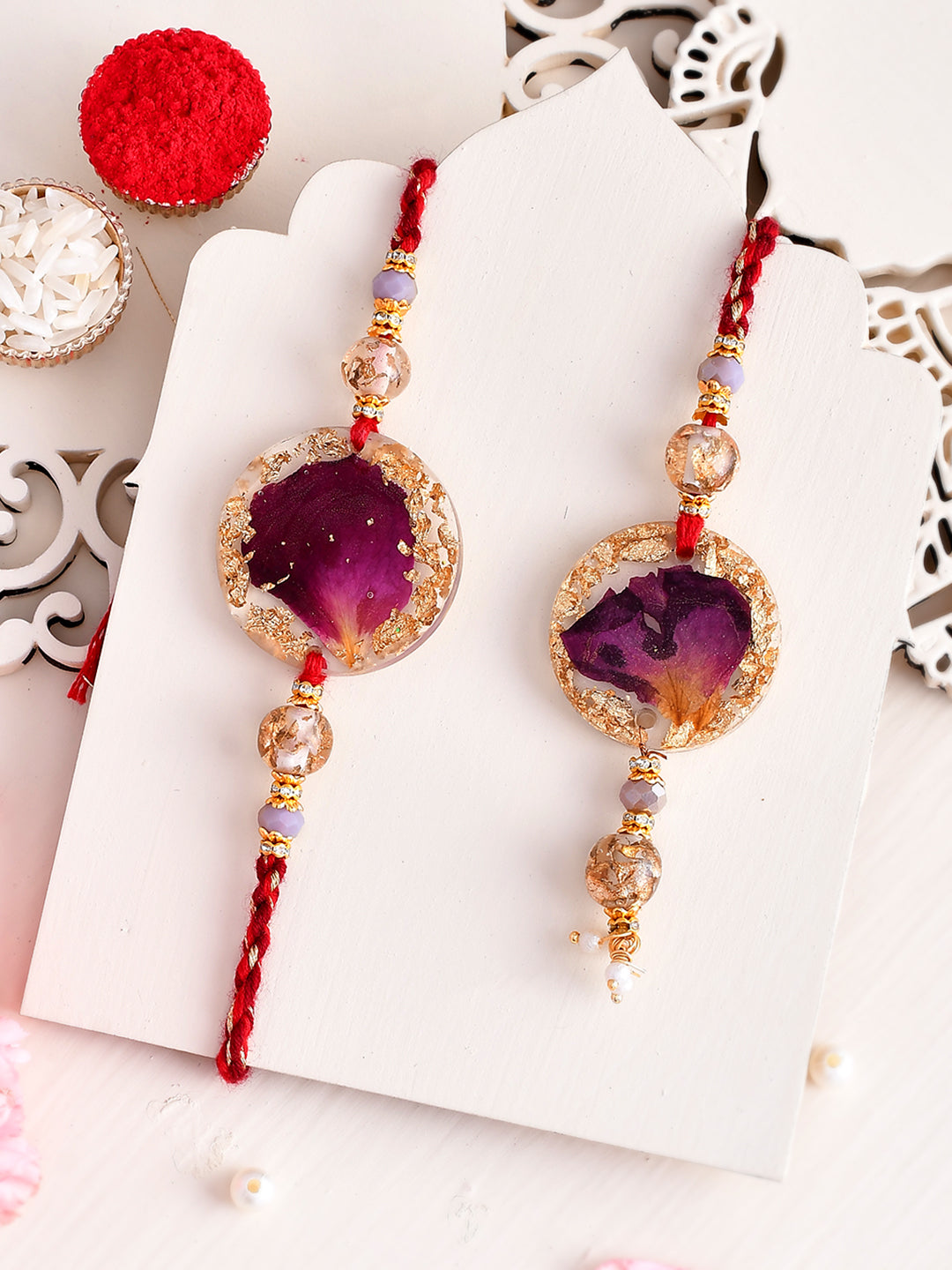 Rose Petals Covered with Gold Resin work Bhaiya Bhabhi Rakhi