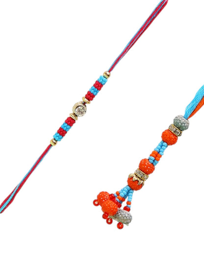 Red & Blue Beads Studded Bhaiya-Bhabhi Rakhi Set