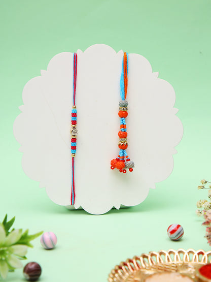 Red & Blue Beads Studded Bhaiya-Bhabhi Rakhi Set