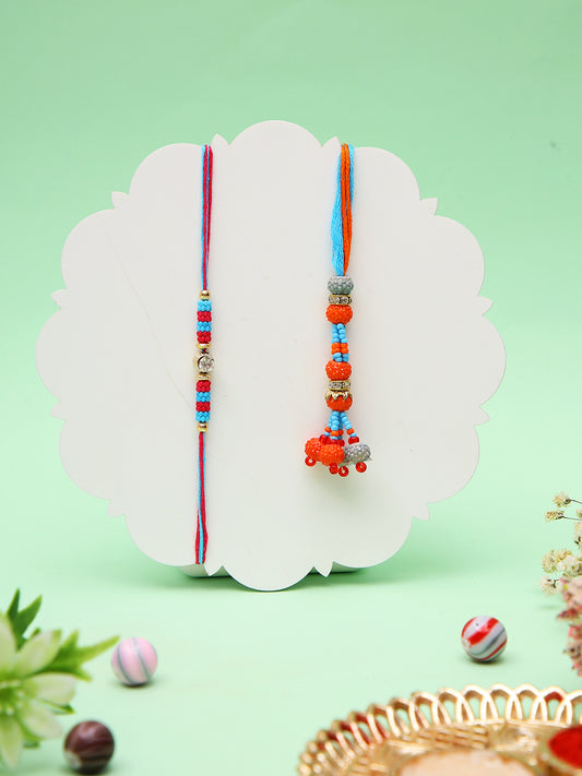Red & Blue Beads Studded Bhaiya-Bhabhi Rakhi Set