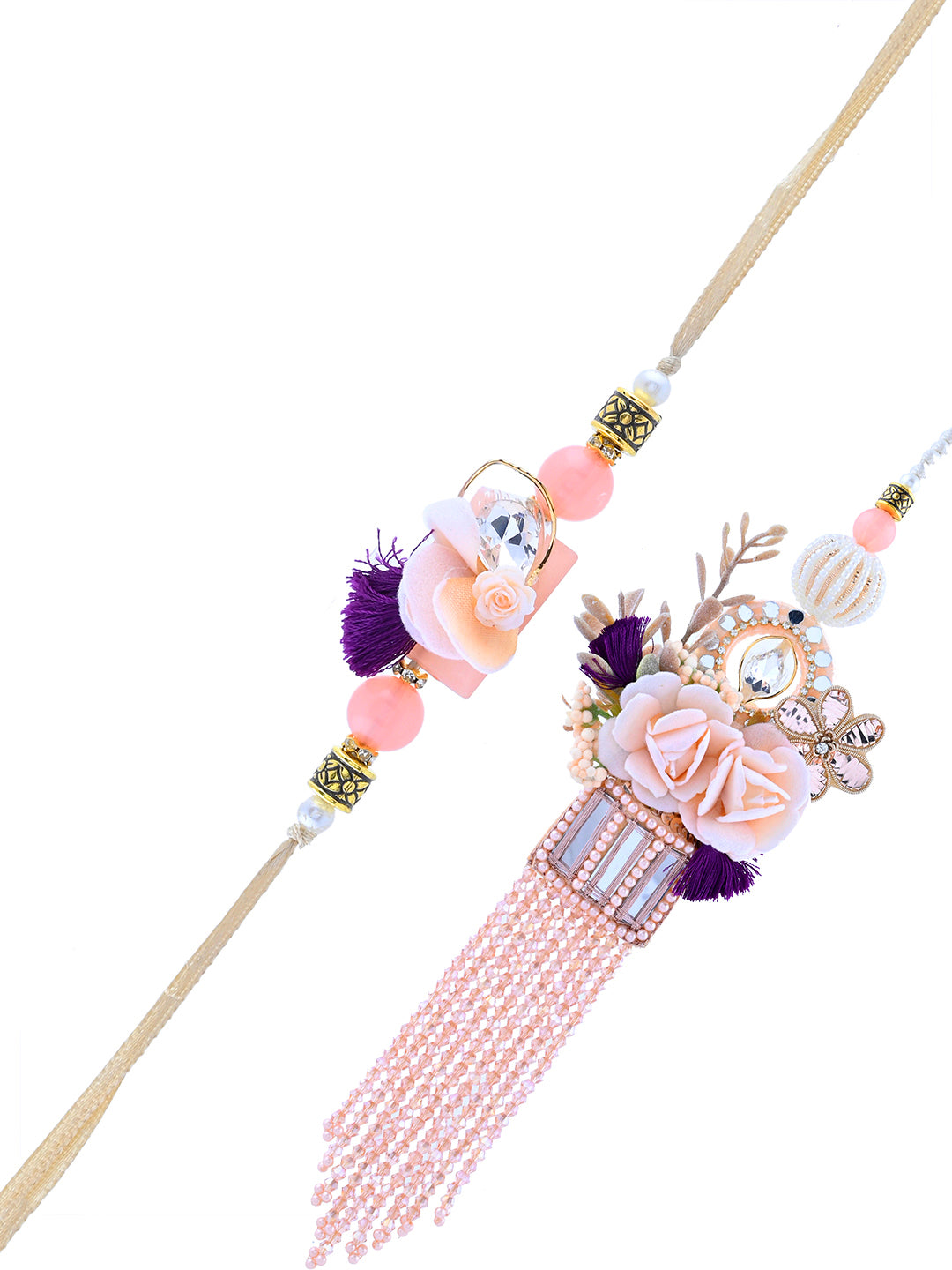 Luxury Blush Pink Bhaiya Bhabhi Rakhi Set with Designer Tassels and Velvet Accents