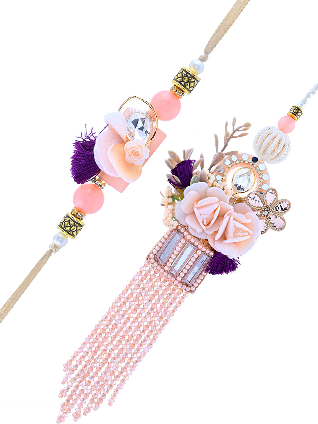 Luxury Blush Pink Bhaiya Bhabhi Rakhi Set with Designer Tassels and Velvet Accents