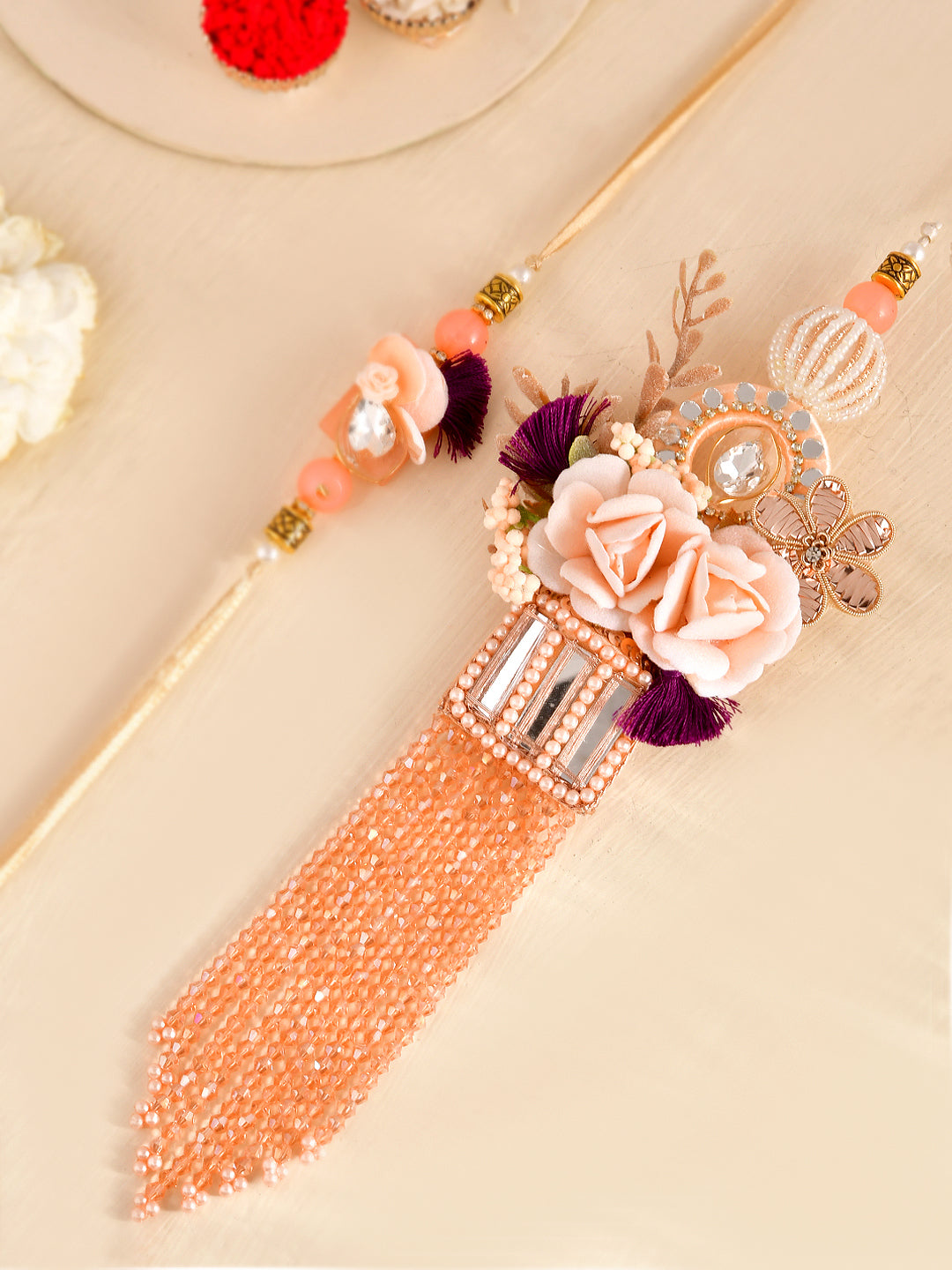 Luxury Blush Pink Bhaiya Bhabhi Rakhi Set with Designer Tassels and Velvet Accents