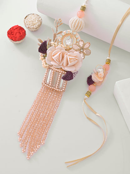 Luxury Blush Pink Bhaiya Bhabhi Rakhi Set with Designer Tassels and Velvet Accents