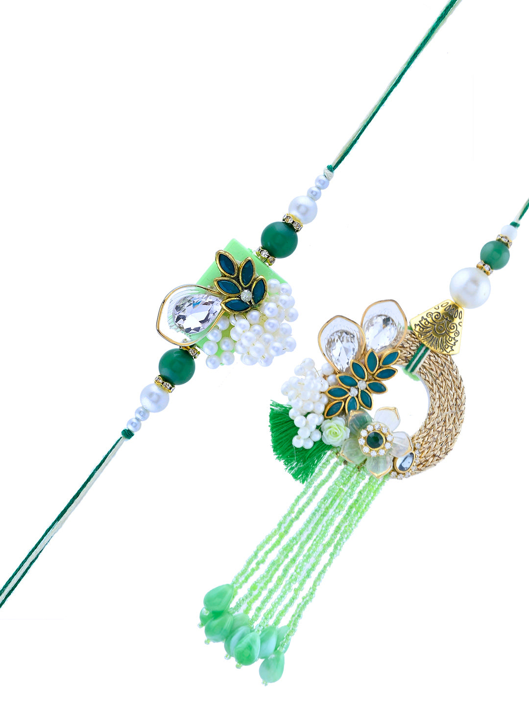 Handcrafted Bhaiya Bhabhi Rakhi Set with Green Beads and Designer Latkan