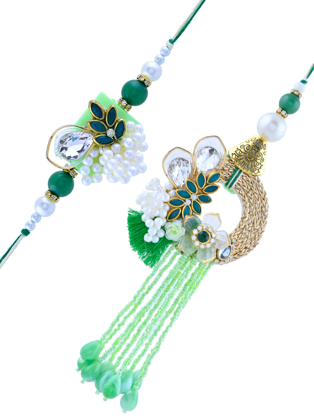 Handcrafted Bhaiya Bhabhi Rakhi Set with Green Beads and Designer Latkan With Box