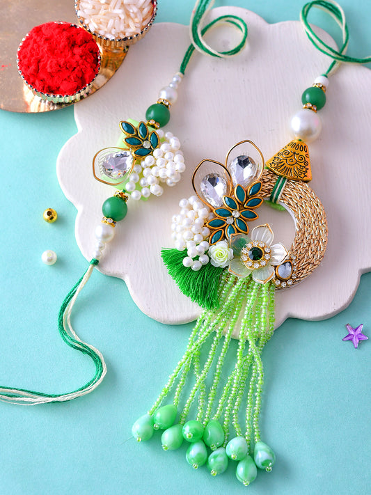Handcrafted Bhaiya Bhabhi Rakhi Set with Green Beads and Designer Latkan