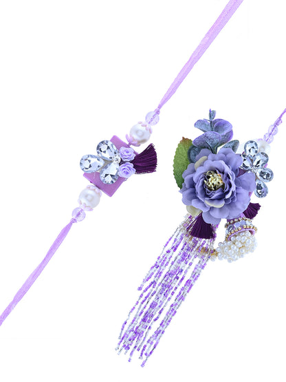 Purple Blossom Bhaiya Bhabhi Rakhi Set with Floral Embellishments and Beaded Tassels With Box