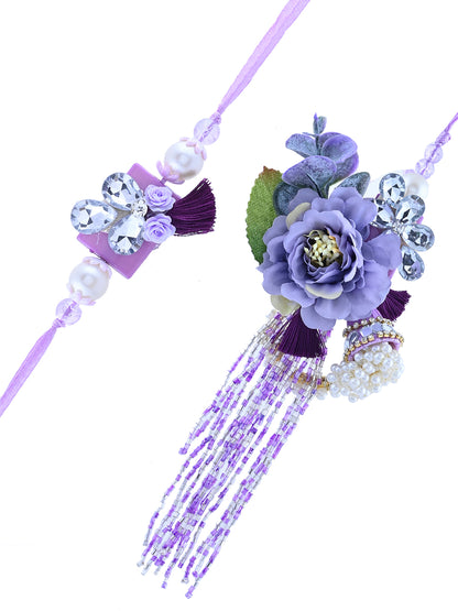 Purple Blossom Bhaiya Bhabhi Rakhi Set with Floral Embellishments and Beaded Tassels With Box