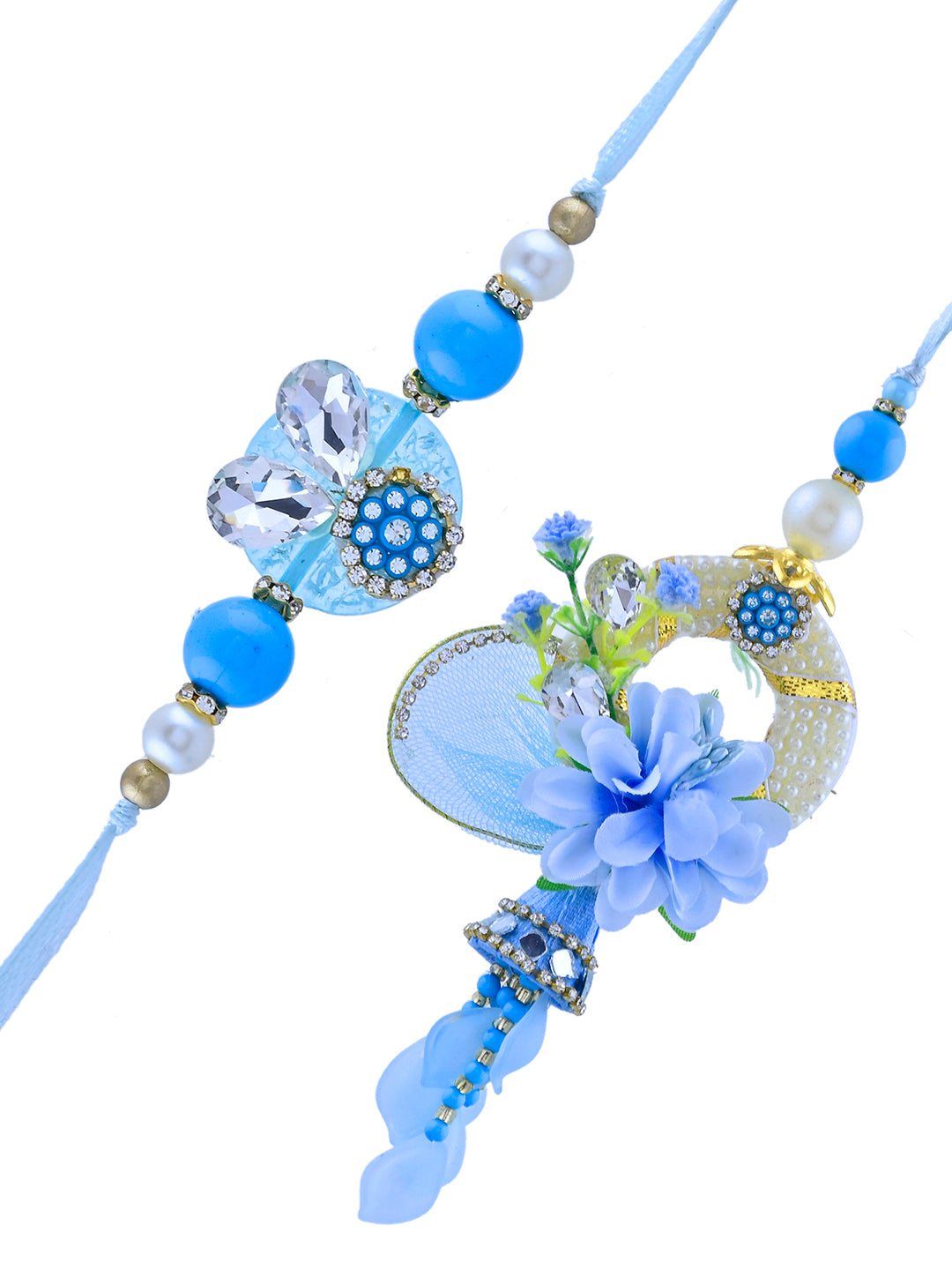 Blue Blossom Bhaiya Bhabhi Rakhi Set with Floral Charm and Pearl Latkan With Box