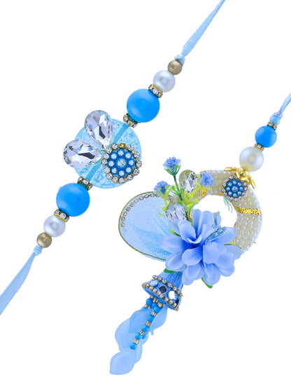 Blue Blossom Bhaiya Bhabhi Rakhi Set with Floral Charm and Pearl Latkan With Box